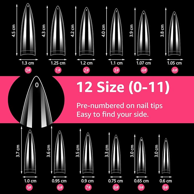 Quaferen XL Stiletto Nail Tips，504PCS No C Curve Tips for Acrylic Nails, Clear Nail Tips Stiletto, Half Cover Almond False Nail Extension for Salons Home DIY 12 Sizes
