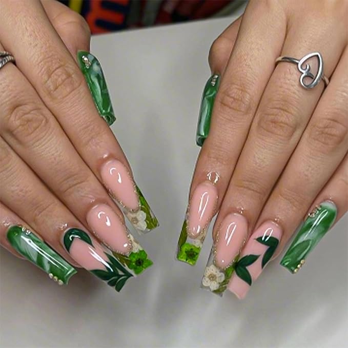 Long Press on Nails Square Fake Nails French Tip False Nails Green Artificial Nails with Designs Stick on Nails for Women 24pcs