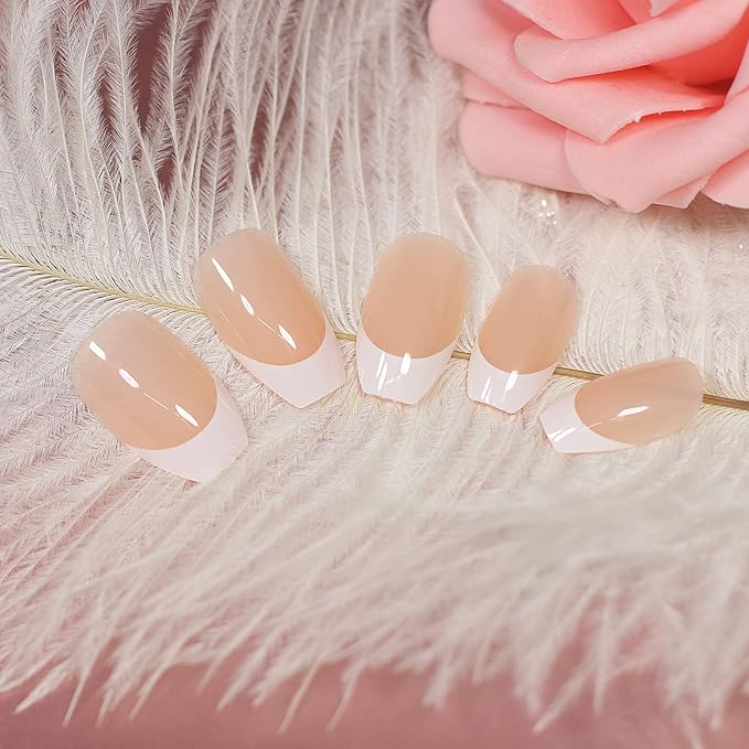 French Press on Nails Natural Nude White Medium Length Coffin False Nails Ballerina Nails Art Tips Salon Manicure Fake Fingernails for Daily Office