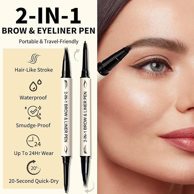 UCANBE 2-in-1 Eyebrow Pen & Gel Eyeliner Pencil – Microblading Eye Brow Pencil with Brow-Fection Angled Brush Tip + 1.5mm Ultra-Fine Eye Liner, Waterproof, Quick-Dry, Long Lasting (Dark Brown)