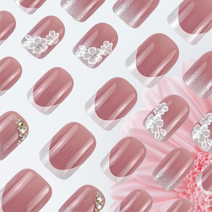 24Pcs Flower Press on Nails French Tips Short Square False Nails Silver Glitter Stick on Fingernails Glossy White gradient Acrylic Fake Nail Rhinestones Gel Glue on Nail for Coquette Women Girls
