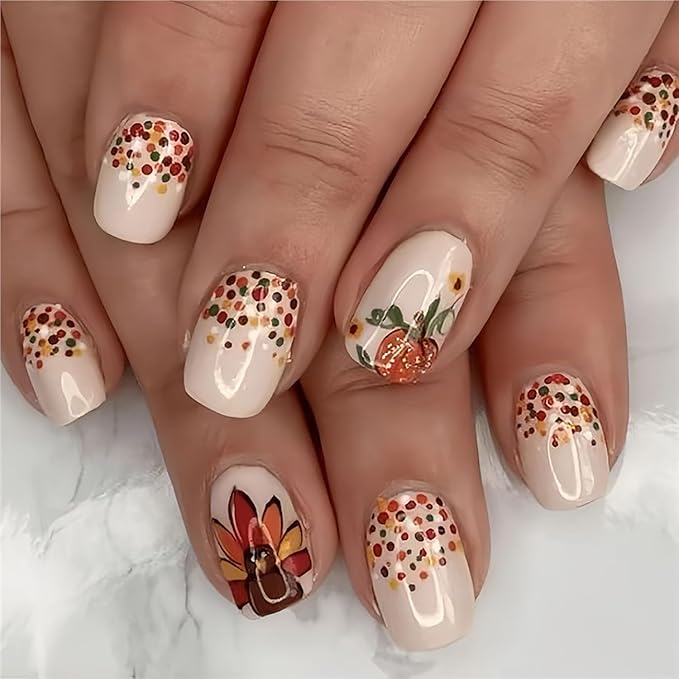 24Pcs Thanksgiving Press on Nails Short Square Fake Nails Turkey Pumpkins with Colorful Dots Design Fall False Nails Artificial Glue on Nails Autumn Stick on Nail for Women Acrylic Manicure Decor