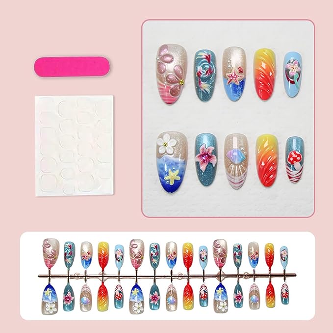 30Pcs Summer Beach Shell Press on Nails Medium Almond Fake Nails French Nails Colorful Flower Press on Handmade False Nails Cute Stick on Nails DIY Manicure Fingernails for Women