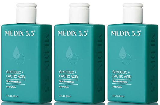 MEDIX Glycolic Acid + Lactic Acid Exfoliating Body Wash Gel | KP Bump Eraser | AHA Exfoliant Skin Care Body Cleanser | Keratosis Pilaris & Acne | Foaming Face Wash, 3 Fl Oz Travel Size, 3-Pack