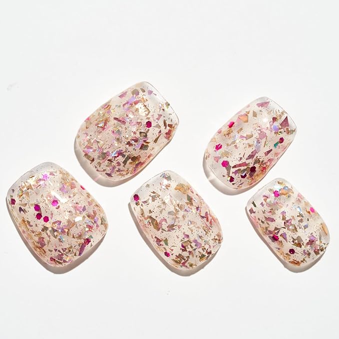 GLAMERMAID Press on Nails Extra Short Square, Spring Handmade Glitter Dazzling Light Gel Glue on Nails, Glossy Fake Nails Reusable Acrylic False Nails Manicure Kits for Women