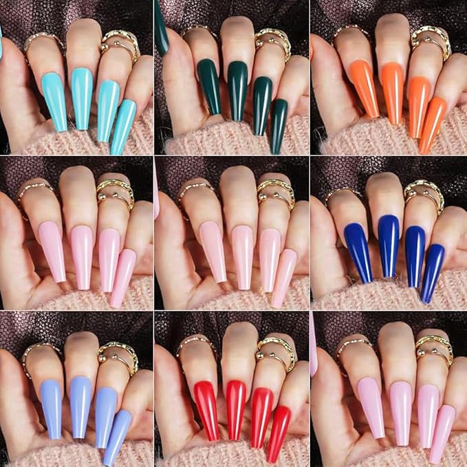 576Pcs Long Press on Nails Coffin Fake Nails Solid Color False Nails Full Cover Glossy Acrylic Glue on Nails Reusable Artificial Acrylic Stick on Nail for Women Manicure 24 Color