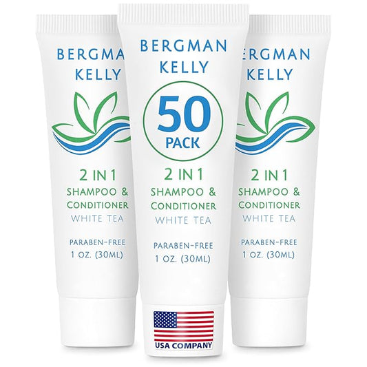 BERGMAN KELLY - Travel Size 2 in 1 Shampoo & Conditioner - 1 fl oz, 50 PK, White Tea - Delight Your Guests w/Revitalizing & Refreshing Shampoo Amenities - Quality Small Size Hotel Toiletries in Bulk