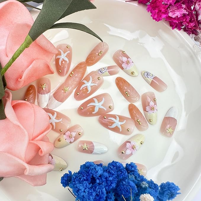 30Pcs Pink Flower Press on Nails Medium Almond Fake Nails with 3D Gold Starfish Gold Beads Shell Design White Yellow French Tip False Nails Spring Summer Floral Stick on Nails for Women Decor