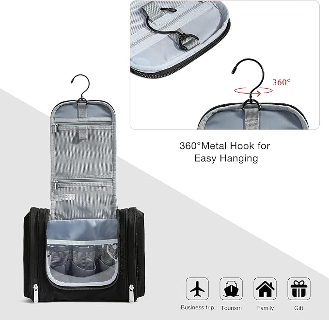 BAGSMART Toiletry Bag for Men, Travel Toiletry Organizer with hanging hook, Water-resistant Cosmetic Makeup Bag Travel Organizer for Shampoo, Full-size Container, Toiletries, Black-Medium