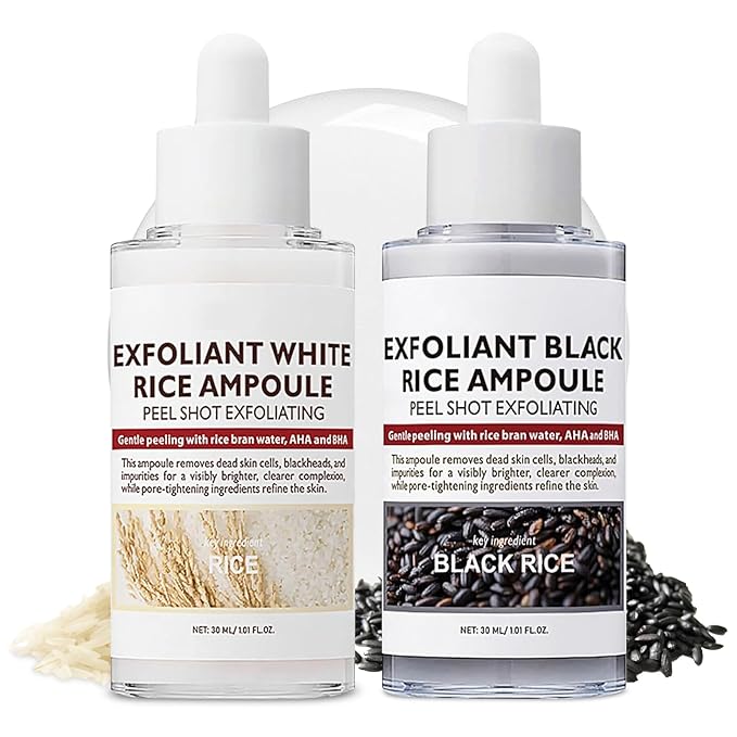 2PCS Rice Exfoliating Ampoule Set, Black & White Rice Exfoliant Brightening Duo for Glowing Skin, Gentle Peel & Pore Minimizing & Deep Hydration for All Skin Types