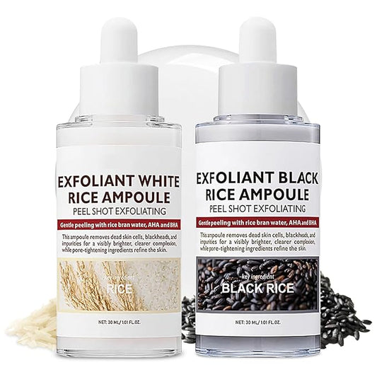 2PCS Rice Exfoliating Ampoule Set, Black & White Rice Exfoliant Brightening Duo for Glowing Skin, Gentle Peel & Pore Minimizing & Deep Hydration for All Skin Types