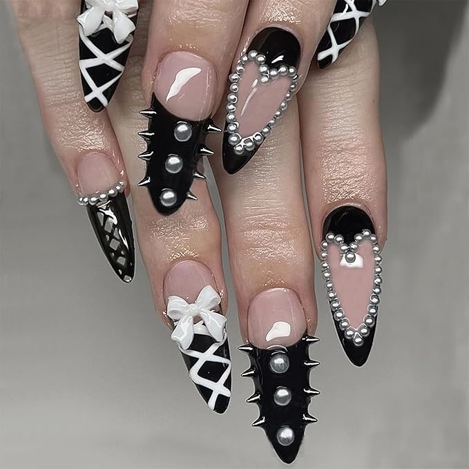 24pcs Black French Tip Press on Nails Medium Almond Fake Nails with 3D Bow Rivet Rhinestones Designs Gothic False Nails Lace Glue on Nails French Acrylic Nail Tips Full Cover Stick on Nails for Women