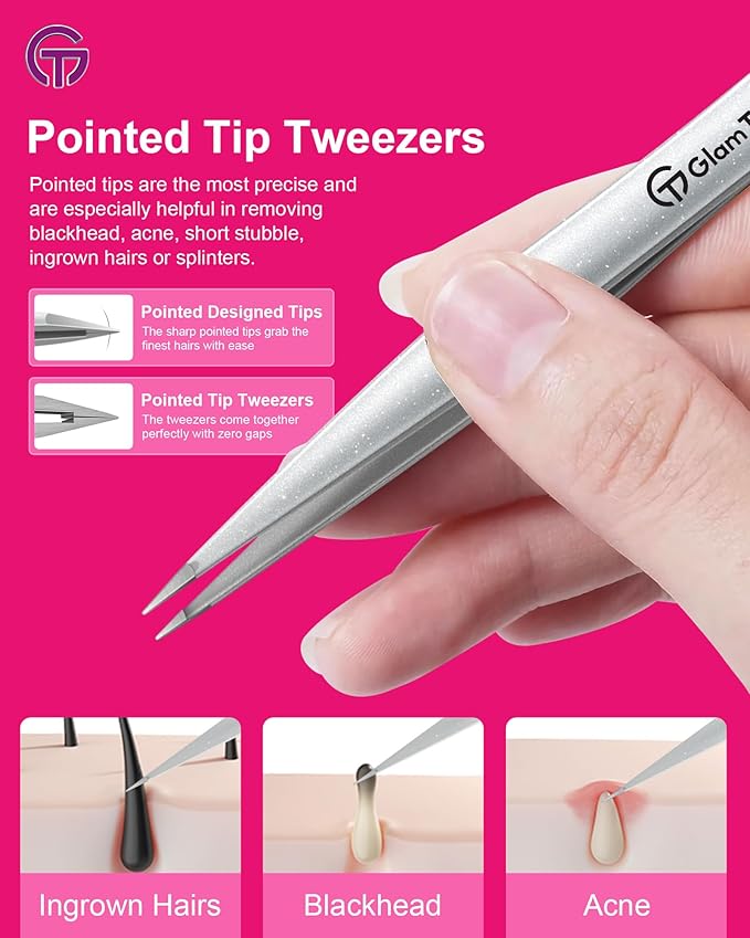 Expert Slant and Point Tip Tweezer Set with Exclusive Travel Case, GlamTweeler Sharp & Precision Tweezer Set for Eyebrows, Facial Hairs & Fine Hairs Removal (Sparkle Hot Pink + Silver)
