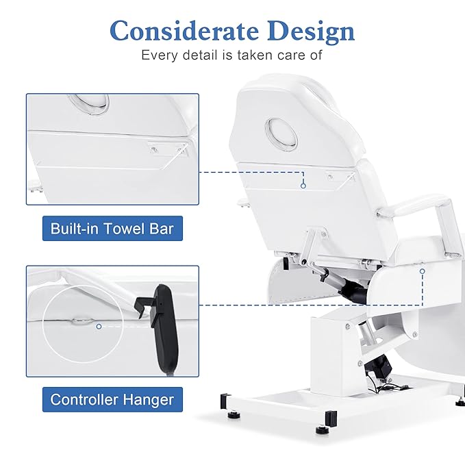 BarberPub Fully Electric Facial Bed with 3 Motor for Esthetician, Electric Tattoo Chair for Client, Facial Bed for Esthetician, Electric Adjustment 2751 (White)