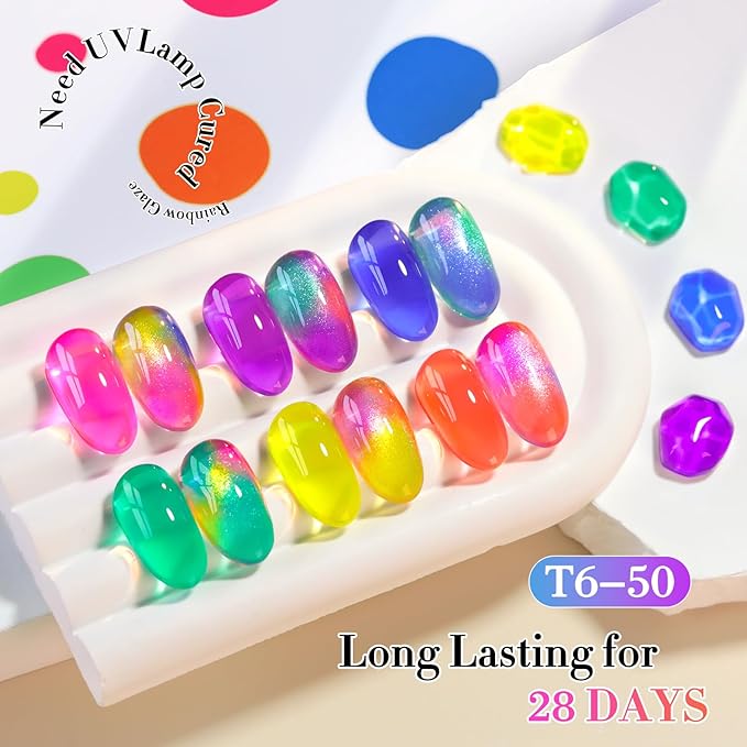 Double Rhythm 6 Pcs 15 ML Gel Polish Set Same Color Same Bottle Soak Off Jelly Neon Gel Polish Kit Nail Art Manicure Salon DIY at Home (Pink Purple Blue Green Yellow Green-T6-50)