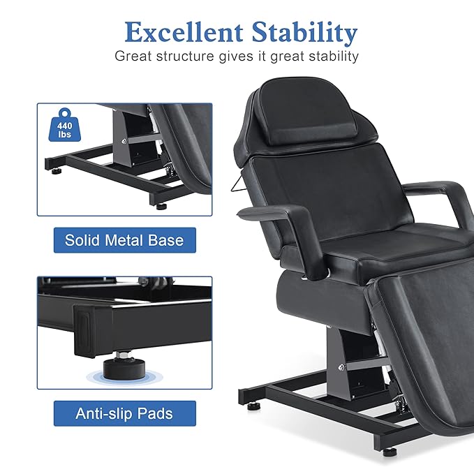 BarberPub Fully Electric Facial Bed with 3 Motor for Esthetician, Electric Tattoo Chair for Client, Facial Bed for Esthetician, Electric Adjustment 2751 (Black, Height (Flat): 27.5"–37")