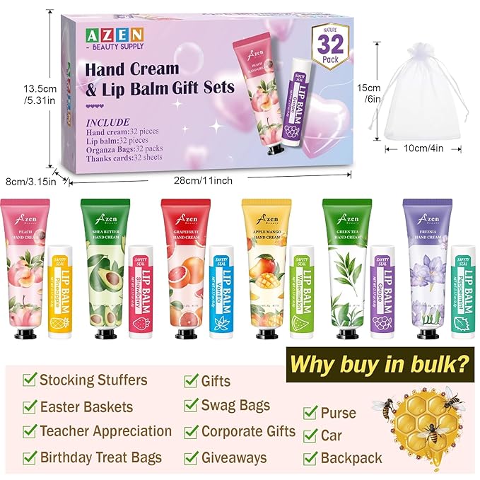 AZEN 32 Sets Bulk Gifts, Hand Cream and Lip Balm Bulk Set with Organza Bag Thank You Card, Baby Shower Wedding Gifts for Guests, Bridal Wedding Favors for Guests,Thank You Gifts for Women