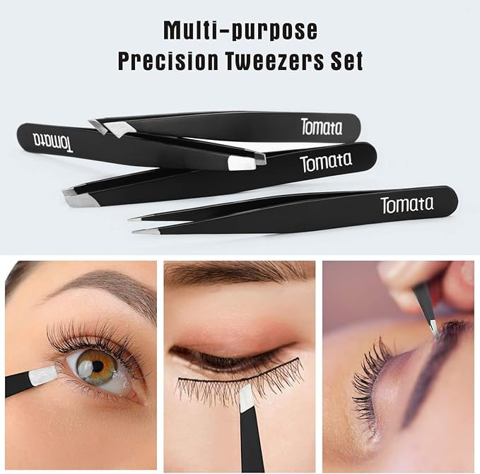 Tweezers for Eyebrows, 4-piece Slant Tip and Pointed Eyebrow Tweezer Set Great Precision for Eyebrows Facial Hair, Ingrown Hair, Splinter, Blackhead and Tick Remover (Black)