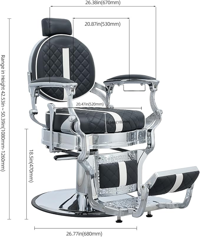 FRNIMAC Heavy Duty Barber Chair, All Purpose Vintage Style Mens Barber Chair Hydraulic Recline Salon Chair Barbershop Equipment for Beauty Spa Tatoo Massage, Weight Capacity 700lbs (Black-Chrome)
