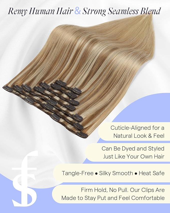 Full Shine Blonde Balayage Hair Extensions Real Human Hair Clip ins 16 Inch Golden Blonde Highlight Dirty Blonde Clip in Real Hair Extensions 7 Pcs 135 G