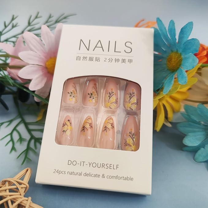 Green Leaves Gel Glue on Acrylic Fake Nails Flower Press on Nails 24Pcs Wild Flowers Press ons Fingernails Glossy Yellow Medium Almond False Nail Oil Painting Stick on Nail for Holiday Manicure Art