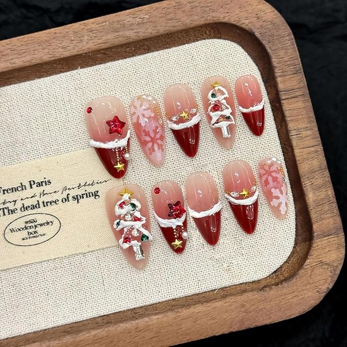 Christmas Press on Nails Medium Almond NEWSPIED Red French Tip Fake Nails with Colorful Rhinestones Design Christmas Tree Snowflake False Nails Winter Nude Pink Glossy Glue on Nails for Women 24Pcs