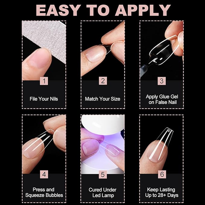 BlueZOO Gel Medium Coffin Etch X Nail Tips, 300Pcs 15 Sizes Acrylic Pre-Shaped Full Cover Clear False Nail Tip, Half Matte Press On Nails for Extension Nail Manicure Home DIY Salon Fake Nails with Box