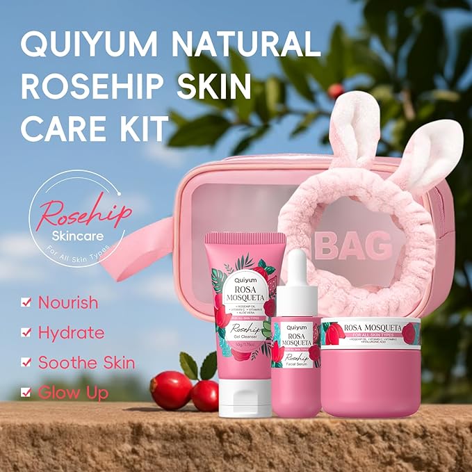 Rosehip Skin Care Set, Beauty Skincare Gift Sets, Natural Facial Skin Care Products, Korean Style Skincare for Women, Nourishing, Hydration, Glow Up, 3PCS