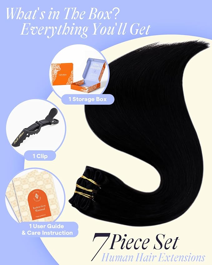 Full Shine Hair Clip in Extensions for Black Women 22 Inch 150 G Hair Extensions Real Human Hair Clip ins for Fullness Jet Black Hair Extensions 7 Pcs