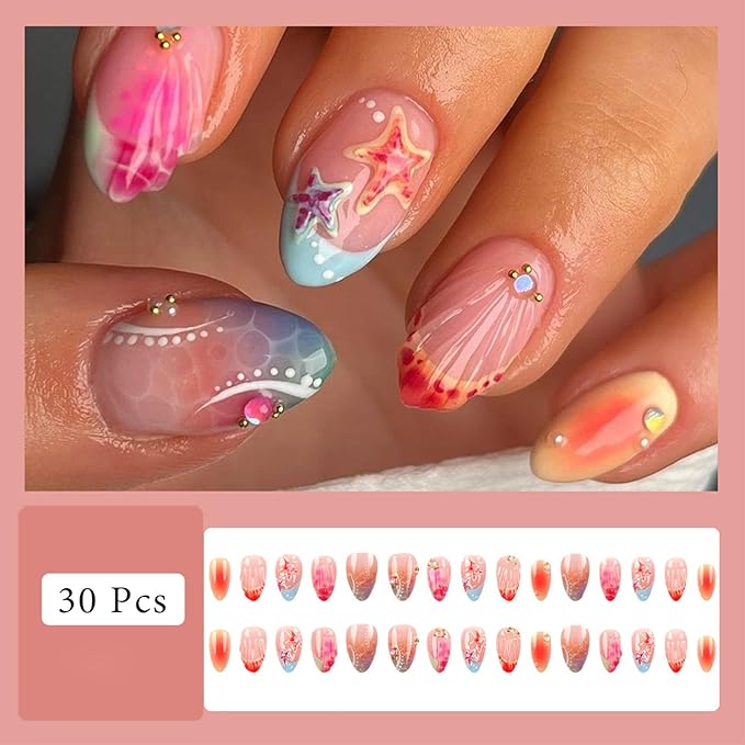 30Pcs Summer Press on Nails French Tip Medium Almond Fake Nails with 3D Starfish Designs Summer Beach False Nails Rhinestone Glue on Nail Handmade Full Cover Acrylic Nails for Women