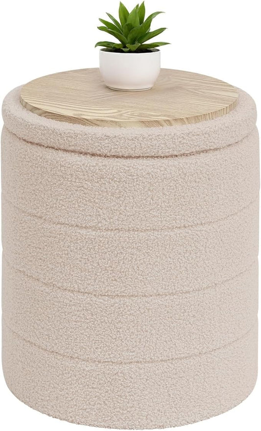 B FSOBEIIALEO Ottoman with Stroage, Round Sherpa Storage Ottoman Stool, Boucle Foot Rest 14.6"x14.6"x17.7"（Beige