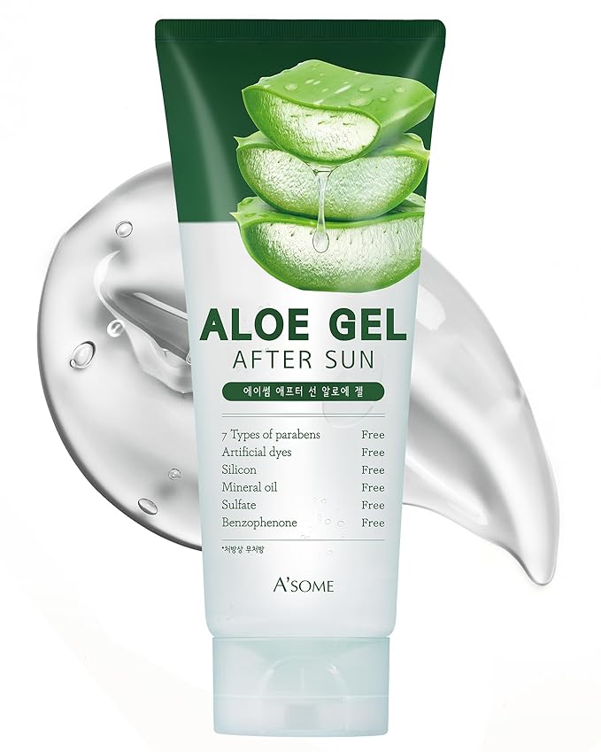 A'SOME After Sun Aloe Soothing Gel Korean Multi-Purpose Cooling Moisturizer with 99% Aloe Vera and Cica for Face Hair & Body for Dry Sensitive Skin, Non-Sticky Formula Free from Parabens, 6.8fl.oz