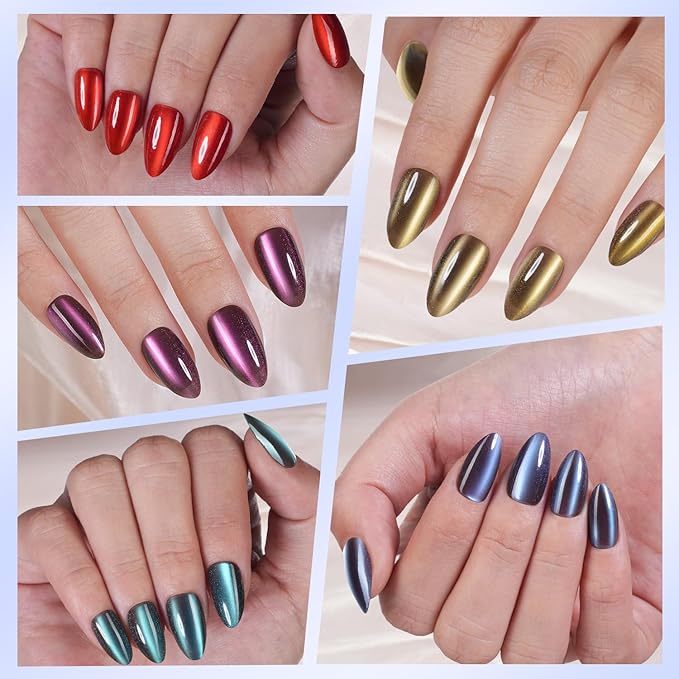 Misssix Cat Eye Press On Nails, 150Pcs Almond Cat Eye Nail Tips, Glossy Glitter Soft Gel Stick On Nails, Reusable Fake Nails for Nail Art DIY 15 Sizes