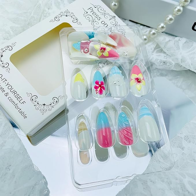 24Pcs Blue Flower Press on Nails Medium Almond False Nails Beach Summer Fake Nails with 3D Pearl Flower Designs Relief Ripple Artificial French Tips Glue on Nails Acrylic Stick on Nails for Women DIY