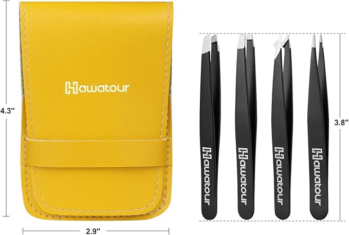 HAWATOUR Tweezers Set, 4Pcs Eyebrows Tweezers for Women, Great Precision for Ingrown Hair, Splinter, Facial Hair Removal, Black