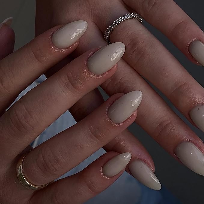 Beige Short Almond Fake Nails Press ons, Thick Solid Color Glue on Nails Short False Nails, Medium Almond Oval Round Shaped Nails for Women, 24Pcs Natural Acrylic Gel Nails