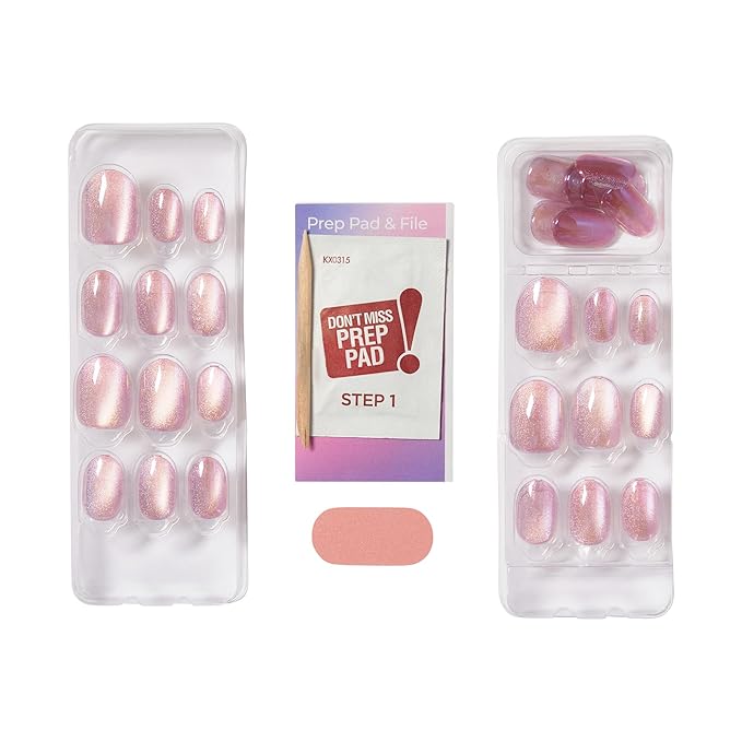 KISS colorFX by imPRESS Press On Nails , ‘Starry’, Solid Light Pink with Pearlescent Finish, Short Oval, IMPROVED adhesive, Includes 30 Fake Nails, Prep Pad, 1 Manicure Stick, 1 Mini Nail File