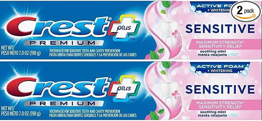 Crest Premium Plus Sensitive Toothpaste with Active Foam Whitening, Soothing Mint Flavor, 7oz (Pack of 2)