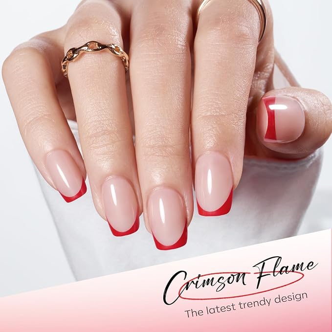 Modelones Christmas French Tip Press on Nails Short, Light Pink Square Fake Nails, Reusable Nail Kit with Nail Glue Adhesive Tabs Mini Nail File, Nails Press Ons 32Pcs 16Sizes, Red