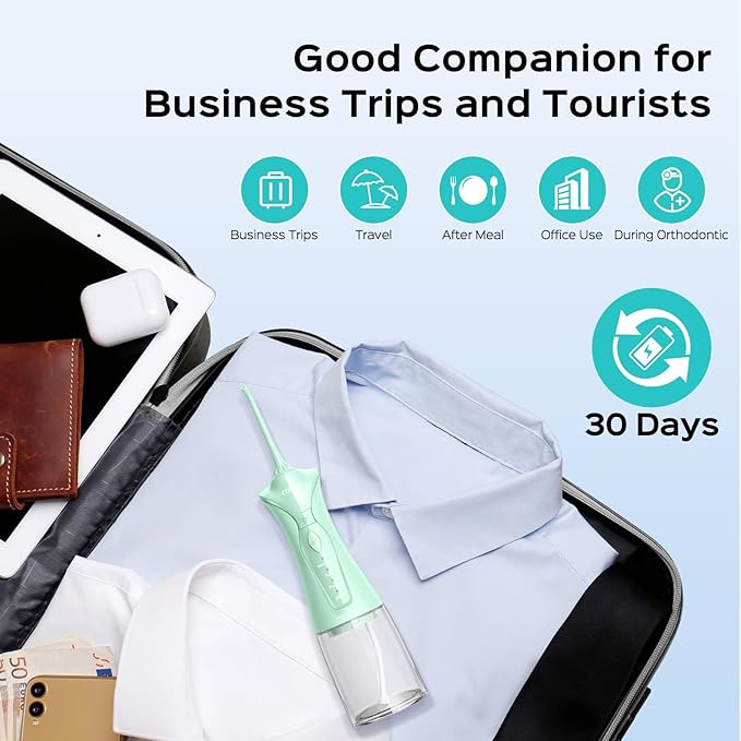 COSLUS Water Dental Flosser Pick for Teeth: 4 Modes Cordless Portable 300ML Larger Tank Water Teeth Cleaner IPX7 Waterproof Flossing Cleaning Picks for Home Travel Green C30(FC5360)