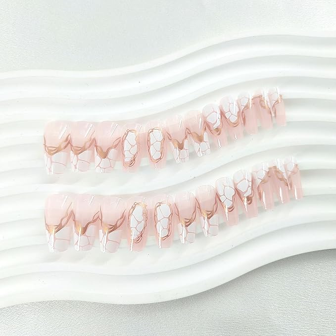 Coffin Press on Nails Medium Transparent Fake Nails French Tip Stick on Nails Glossy Acrylic Manicure 24Pcs Women Nail Press ons with White Irregular Shape Designs Gold Lines Glue on Nails Light Pink