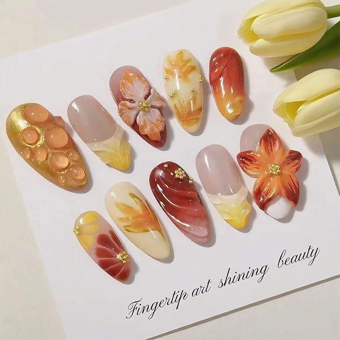 30Pcs Autumn Press on Nails Almond Medium Fake Nail Fall Flower Maple Leaf Acrylic Nails 3D Handmade Gilding French Tip Glue on Nails Rhinestones Beads Full Cover Thanksgiving False Nail for Women