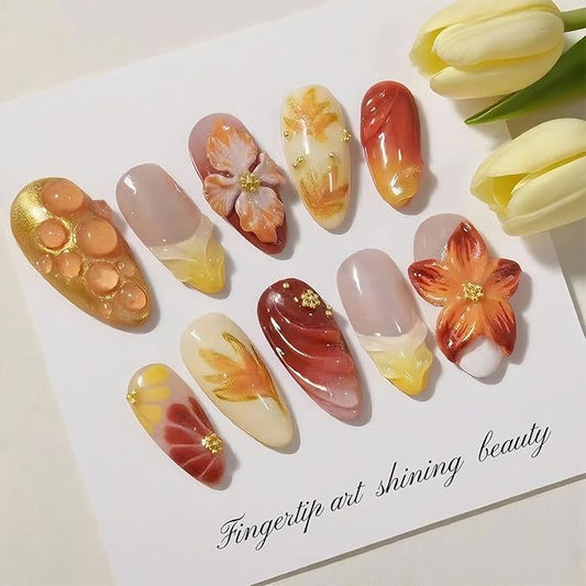 30Pcs Autumn Press on Nails Almond Medium Fake Nail Fall Flower Maple Leaf Acrylic Nails 3D Handmade Gilding French Tip Glue on Nails Rhinestones Beads Full Cover Thanksgiving False Nail for Women