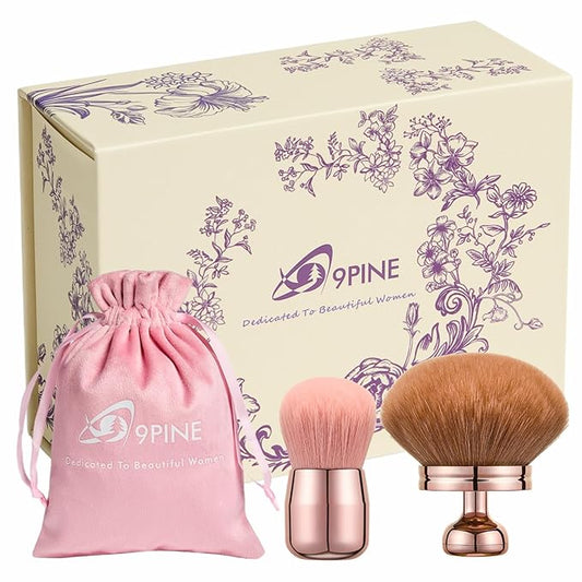 2-Piece Luxury Kabuki Brush Set for Body & Face - Extra Large Fluffy Makeup Brush for Self Tanner, Foundation & Loose Powder, Back Lotion Applicator, Super Soft Bristles (Rose Gold with Gift Box)