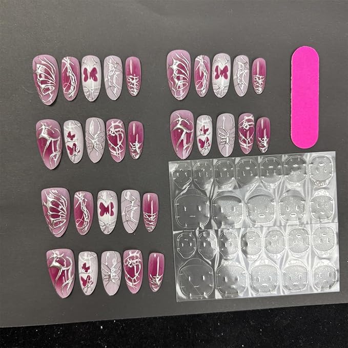 30Pcs Rose Red Press on Nails Medium Almond False Nails 3D Silver Line Designs Y2k Fake Nails Handmade Acrylic Stick on Nails Butterfly False Nails Reusable Full Cover Glue on Nails for Women Manicure