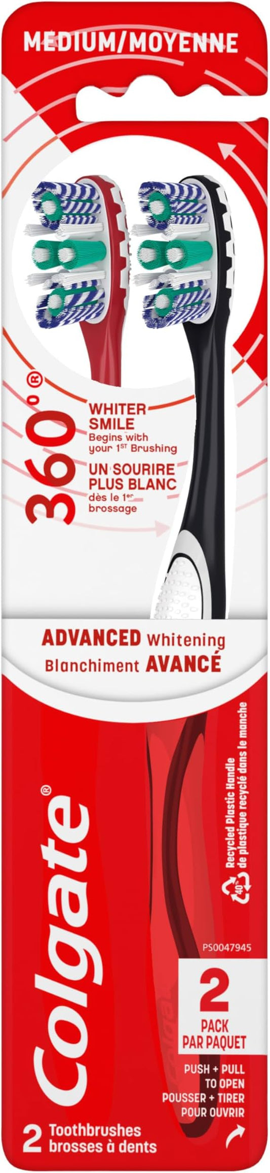 Colgate 360 Optic White Advanced Whitening Toothbrush, Adult Medium Toothbrush with Whitening Cups, Helps Whiten Teeth and Removes Odor Causing Bacteria, 2 Pack