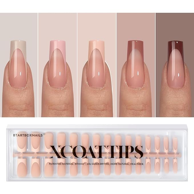 BTArtboxnails XCOATTIPS Fall Press on Nails - French Tip Press on Nails, Long Square Nail Tips False Nails, Skin Tones Soft Gel Nails, Soak Off Acrylic Fake Nails Art Extensions
