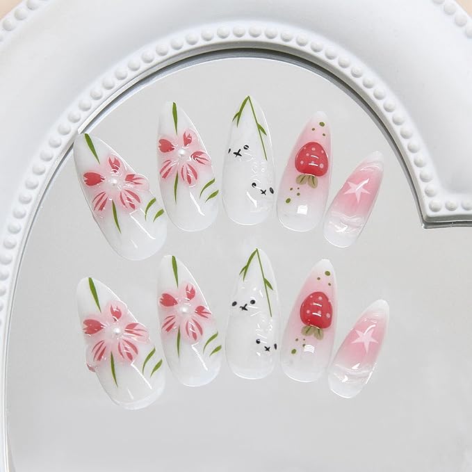 24Pcs Cute Press on Nails Medium Almond Fake Nails with Flowers Cute Bunny Designs Artificial Cute Nails Stick on Nails Spring False Nails Acrylic Nail Full Cover Artificial Glue on Nails for Women