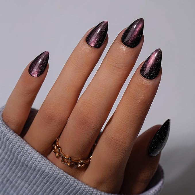 KQueenest Cat Eye Press On Nails Short Almond, Acrylic Press On Nails with Glue, Sparkle Pink Black Fake Nails Stiletto, Soft Gel Glue On Nails for Woman, Long-Lasting Glitter Effect, 30 Pcs