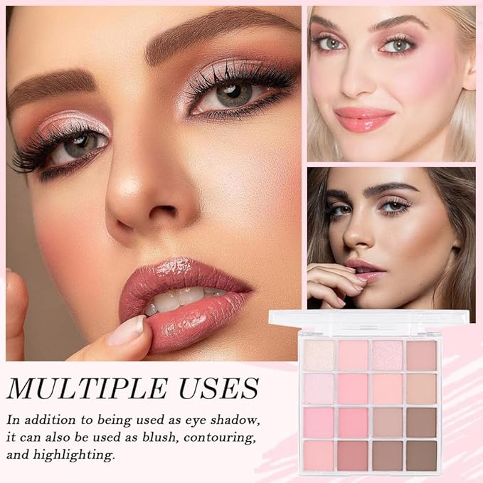 16Color Matte Shimmer Eyeshadow Palette, Nude Brown Rose Gold Coffee White Pink Red Sparkly Eye Shadow Makeup, Warm Pastel Eyeshadows Long Lasting Waterproof Naturing-Looking Women Girls Eye Shadow